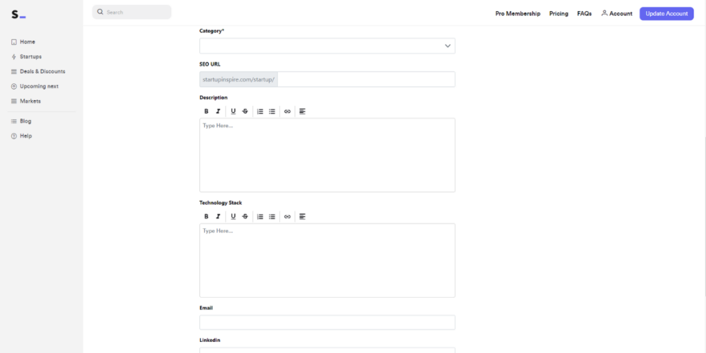 The description section is where you can add links to other pages and get multiple backlinks for free from StartupInspire.