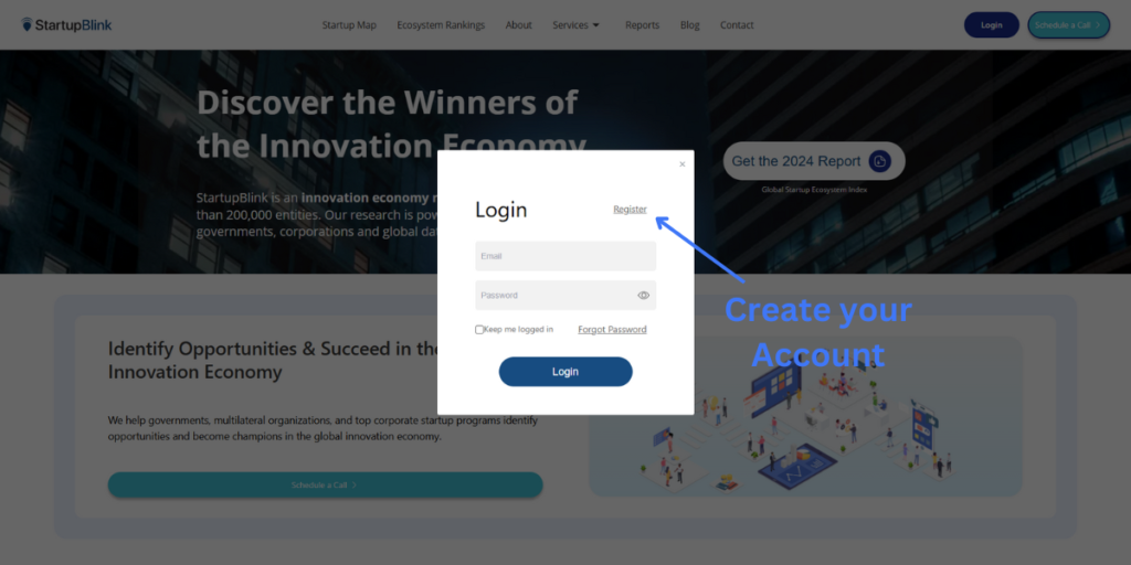 Click on Register to create your account on StartupBlink.