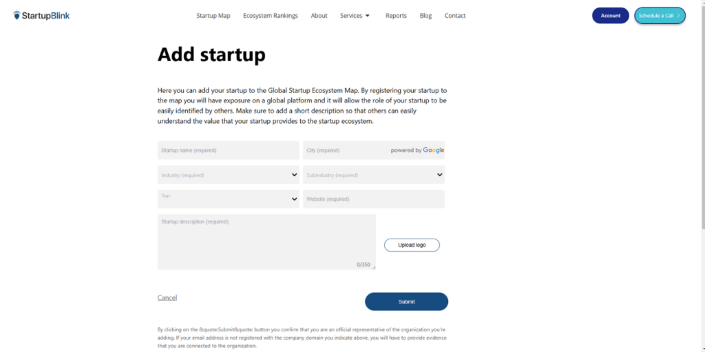 To get a backlink for free from StartupBlink, enter accurate details of your startup.