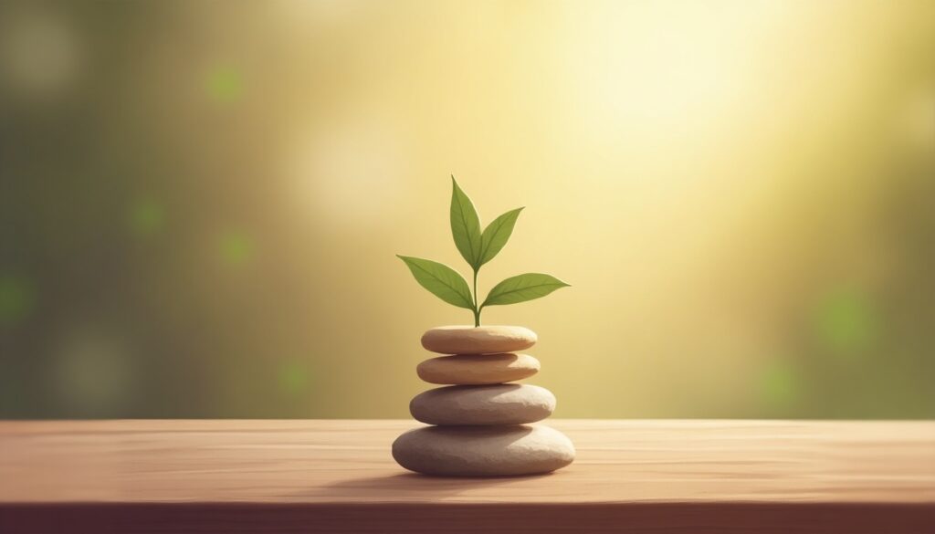 Four pebbles kept on the table with a small plant balanced on top of it.