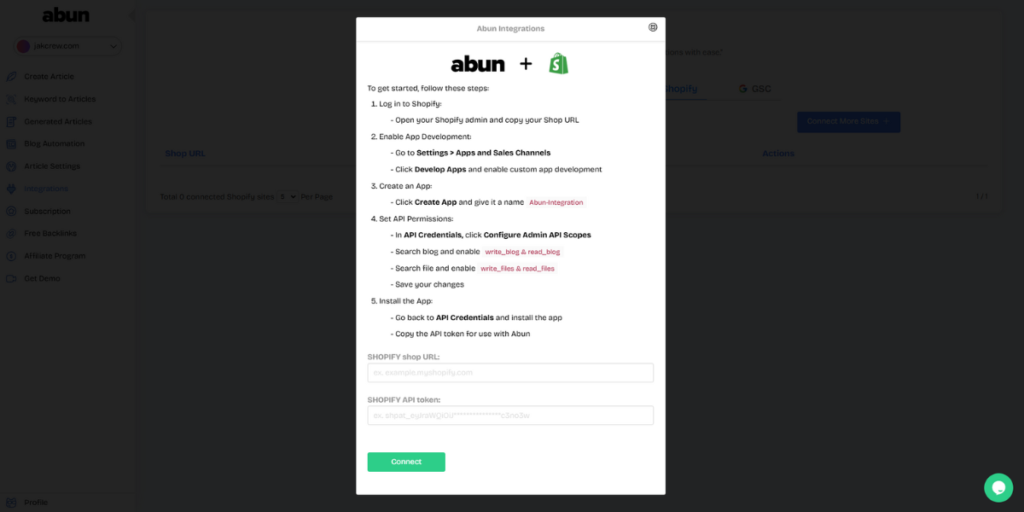 Integration option for Shopify website on Abun.