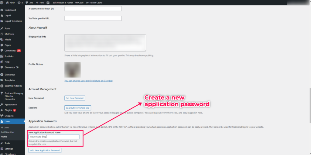 Creating a new application password for WordPress website.