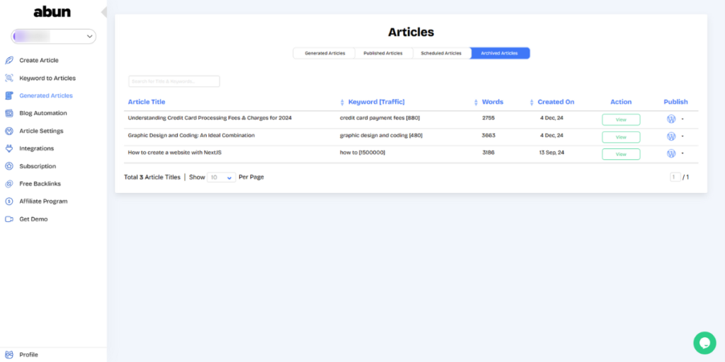 List of articles that the user has archived.