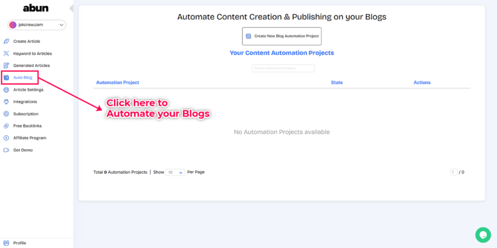 Abun dashboard with Auto Blog option highlighted.