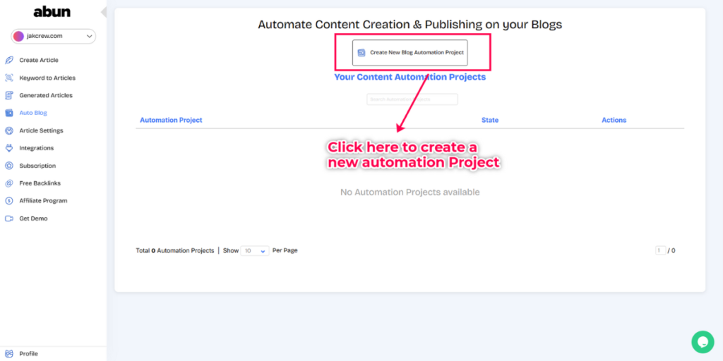 Auto blog section with Create New Blog Automation Project button highlighted.
