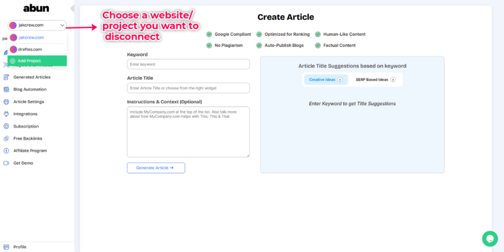 Abun dashboard with the option to add multiple websites.