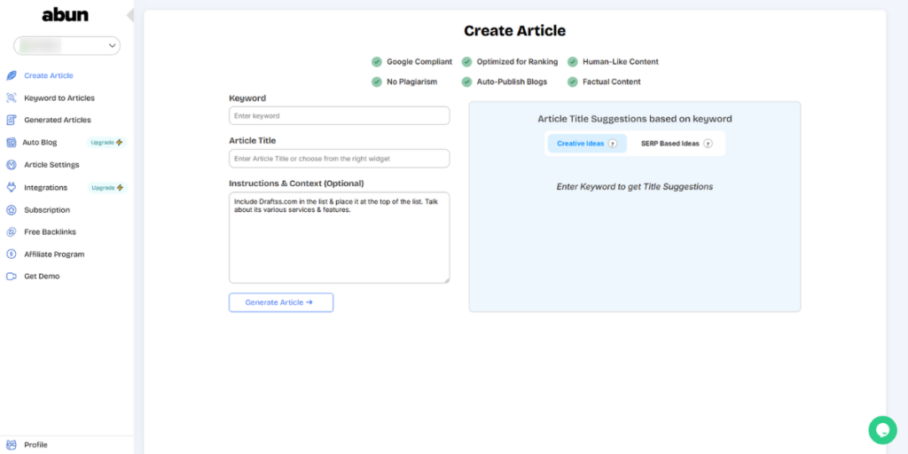 Create Article screen on Abun Dashboard.
