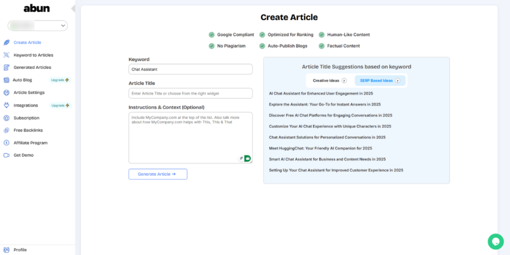 Creative article titles generated based on the entered keyword.