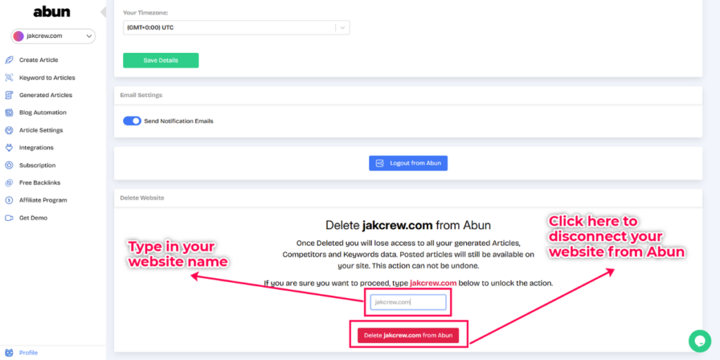 Enter your website name to disconnect it from Abun.