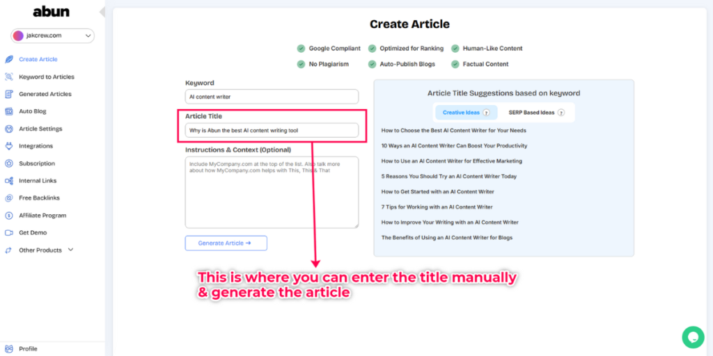 Manually enter your article title.
