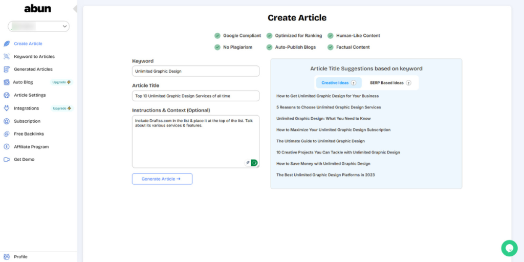 Option to add instruction & context before generating an article on Abun.