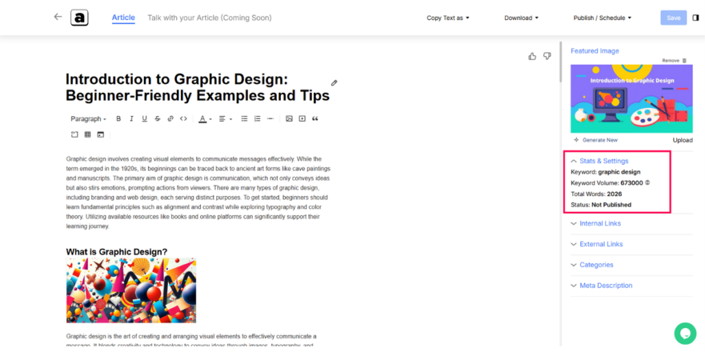 Generated article with keyword stats.