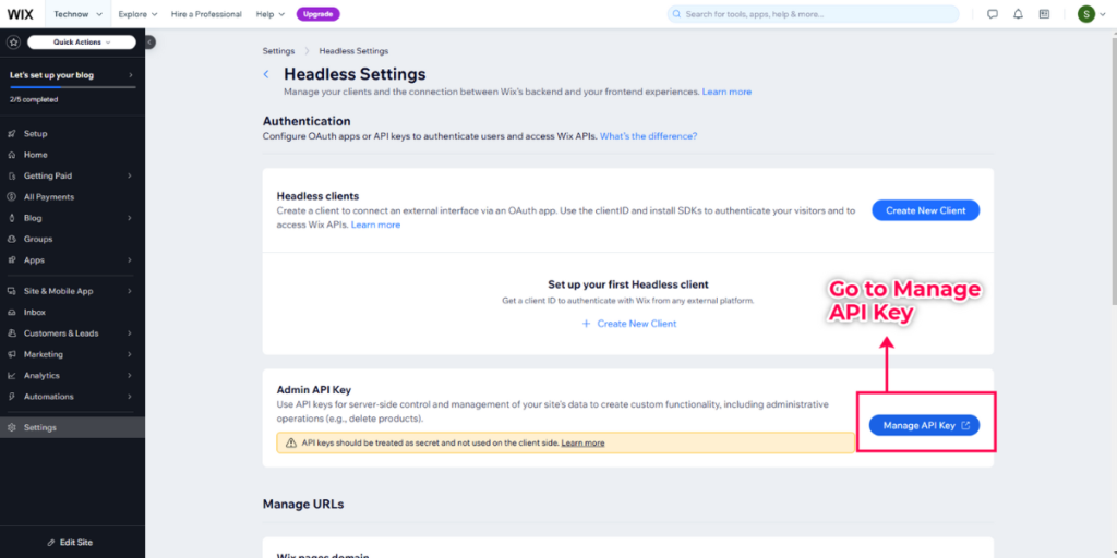 Wix dashboard, headless section for generating & managing API key.