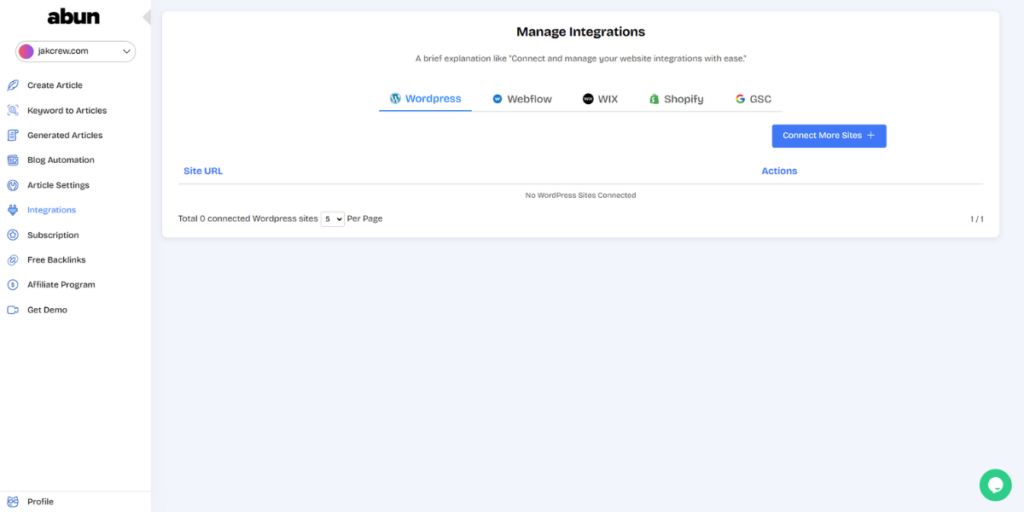 Abun dashboard with the integrations tab highlighted.