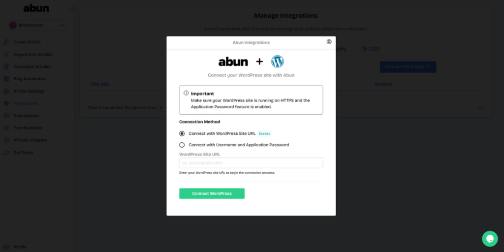 Dialogue box to paste your website URL.