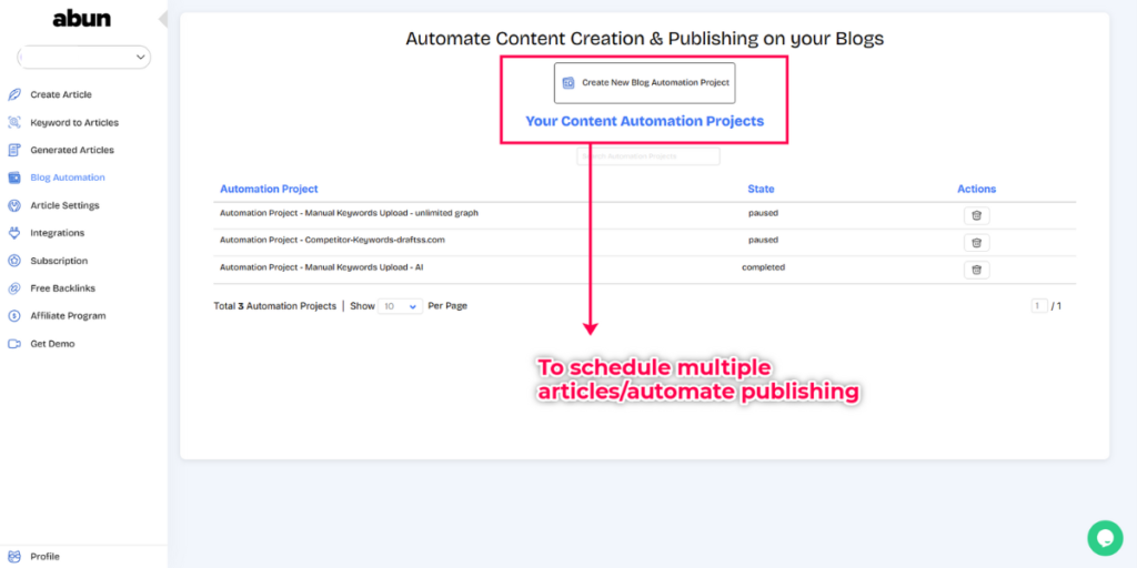 List of projects that are set on automation.