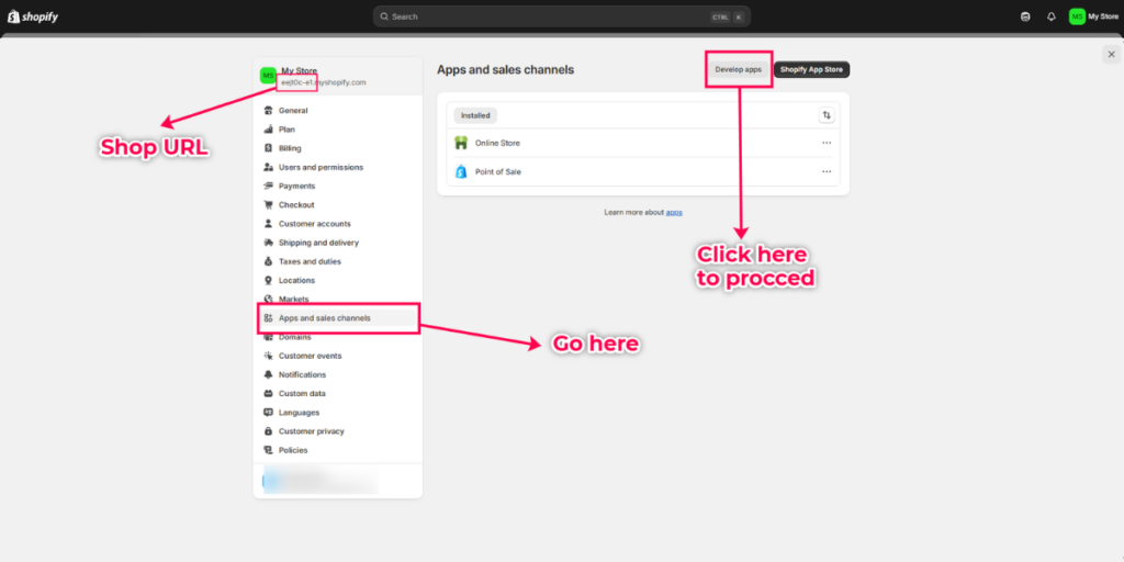 Shopify Dashboard with apps and sales channels highlighted to develop apps.