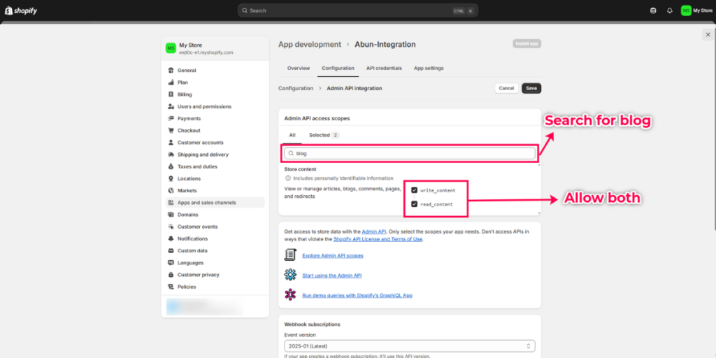 API configuration for access scope of blogs.