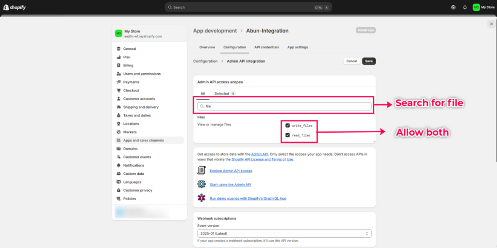 API configuration for access scope of files.
