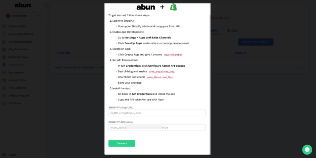 Shopify shop URL & API Token pasted on Abun for integration.