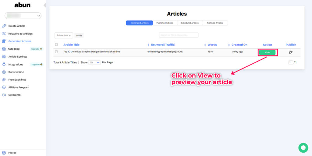 Generated articles section, where you can view all your generated articles.