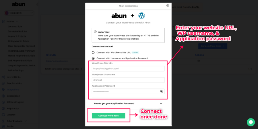 Paste your WordPress username & application password to connect.