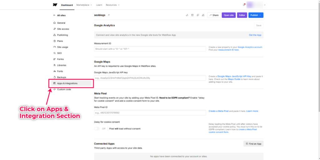 Webflow site settings tab with Apps & Integrations highlighted.