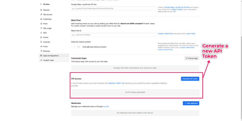 Option to generate a new API Token.