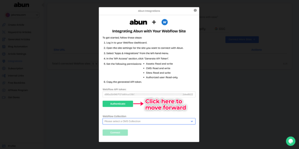 Paste your API token on Abun to authenticate.