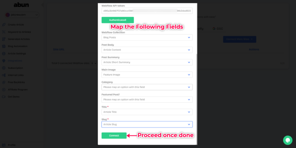 Map the fields to start generating your articles using Abun.