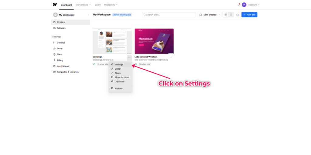 Your Webflow dashboard.