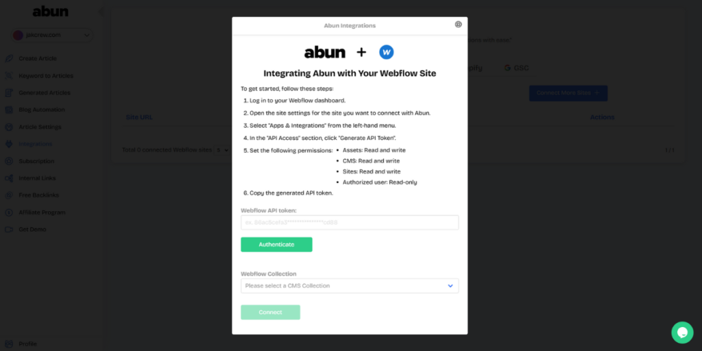 Fields to enter your Webflow API token on Abun.