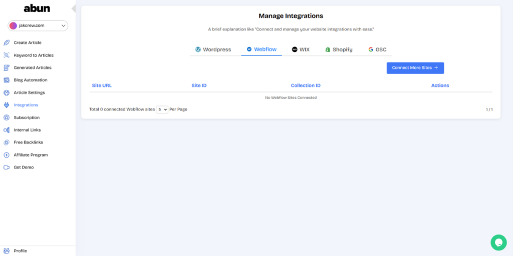 Webflow integrations tab on Abun dashboard.
