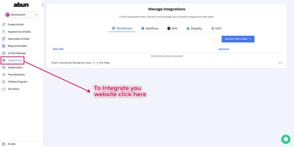 Abun dashboard with the integrations feature highlighted.