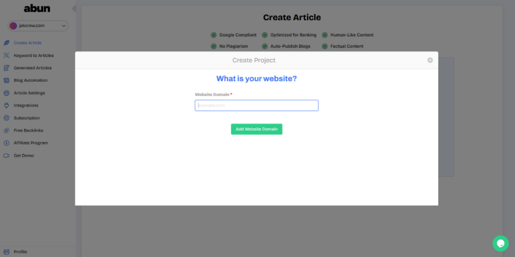 Create a project dialogue box for adding websites to Abun.
