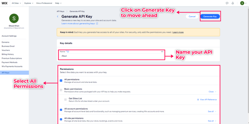 Name your API key & give permissions to generate a new API key.