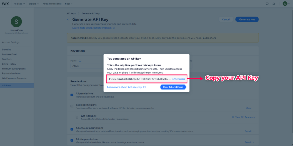 Copy your Wix site API Key.