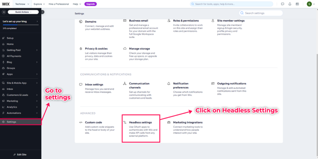 Wix dashboard with settings highlighted.