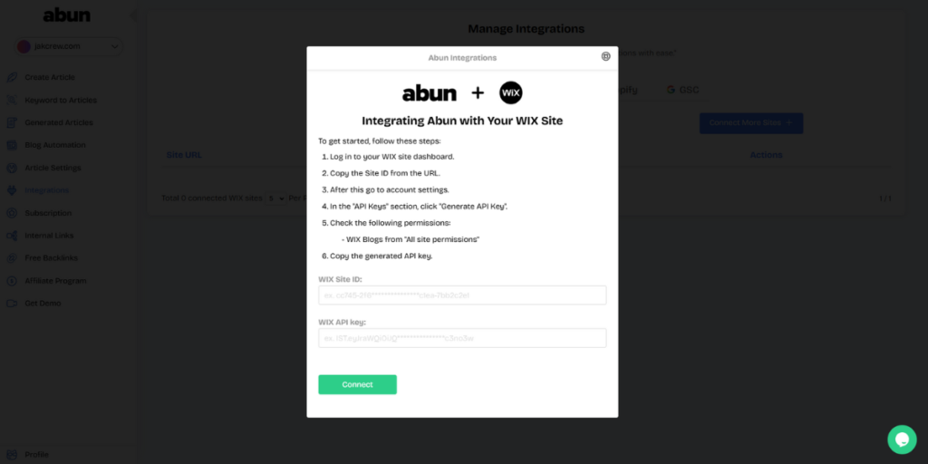 Steps to integrate Wix with Abun.