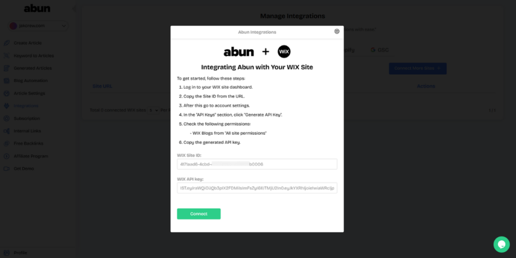 Both site ID & API keys pasted onto Abun's Wix integration.