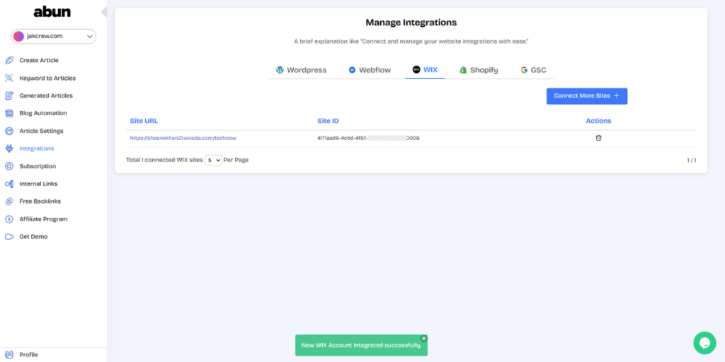 Successful integration can be viewed on the integrations page.
