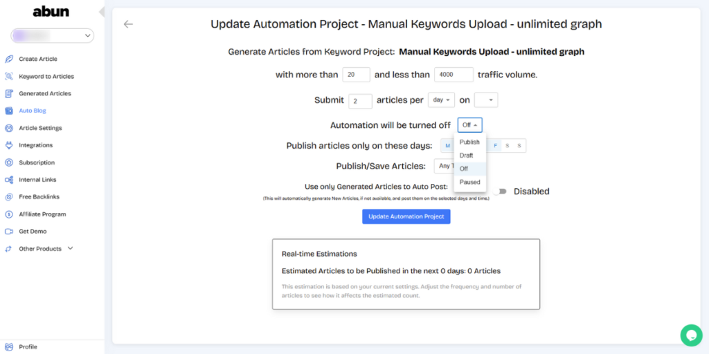 Automation can be turned off from the auto blog section.