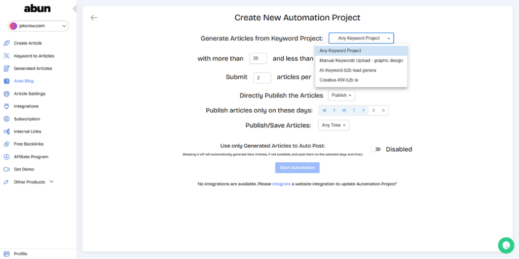 The auto blog feature of Abun lets you choose keywords for your articles.