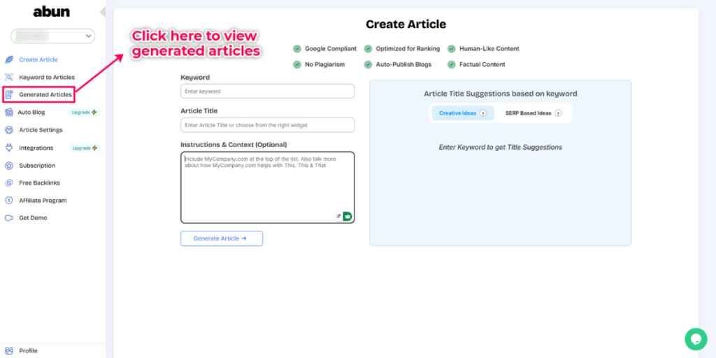 You can view generated articles on Abun dashboard.