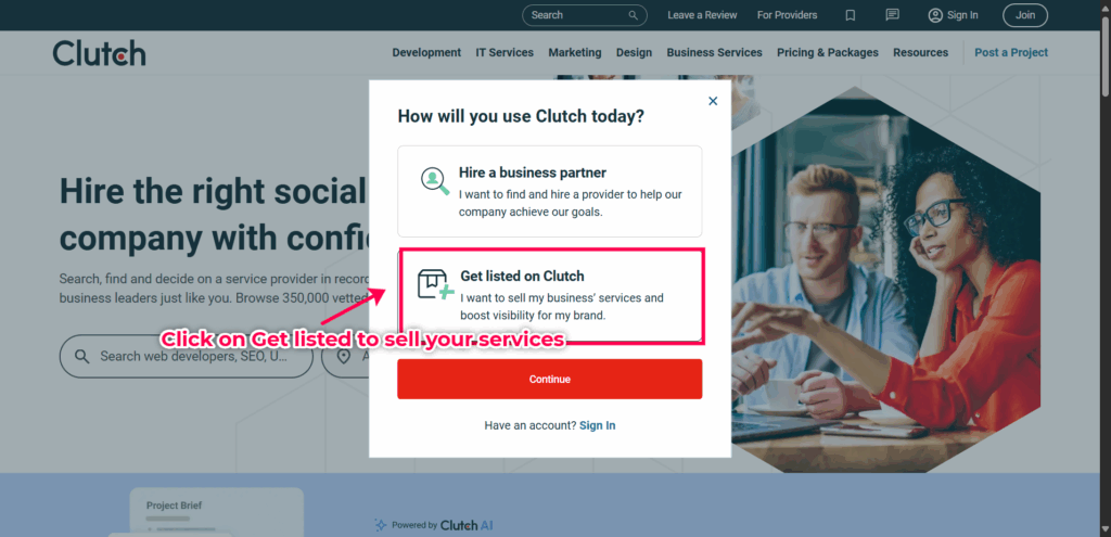 Step 2: Click on "get listed on clutch" to sell your services on clutch.co to gain free DR 90 backlink, AI Keyword Research, Backlink Directory, Auto‑publish Blog Article, Steal Competitor Keywords, Longtail Keyword Research, Guest Post Finder, Abun, Abun AI SEO, Seo tool, Free high quality backlinks, Ai content writer, AI SEO tool, ai blog writer, Startup submissions, Startup launch directories, seo content writing, Seo content creation, seo article writing, backlink building, How to Get High-Quality Backlinks for Free