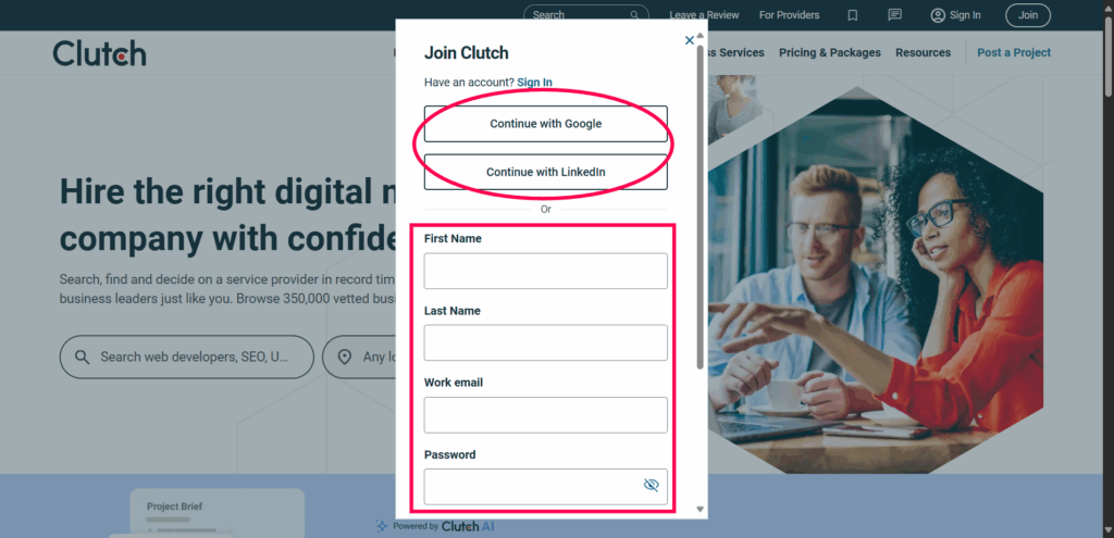 Step 3: Create your account by signing in onclutch.co to gain free DR 90 backlink, AI Keyword Research, Backlink Directory, Auto‑publish Blog Article, Steal Competitor Keywords, Longtail Keyword Research, Guest Post Finder, Abun, Abun AI SEO, Seo tool, Free high quality backlinks, Ai content writer, AI SEO tool, ai blog writer, Startup submissions, Startup launch directories, seo content writing, Seo content creation, seo article writing, backlink building, How to Get High-Quality Backlinks for Free