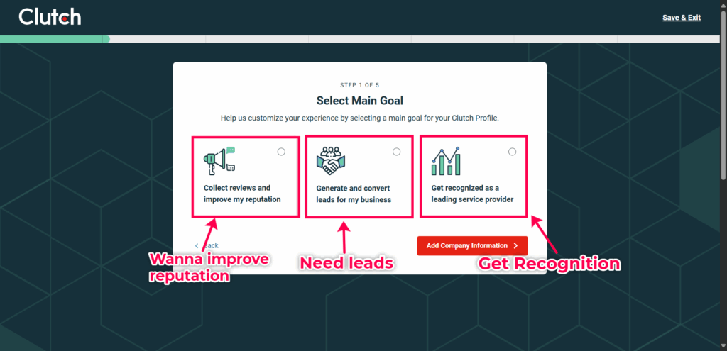 Step 4: Pick your goal on clutch.co to gain free DR 90 backlink, AI Keyword Research, Backlink Directory, Auto‑publish Blog Article, Steal Competitor Keywords, Longtail Keyword Research, Guest Post Finder, Abun, Abun AI SEO, Seo tool, Free high quality backlinks, Ai content writer, AI SEO tool, ai blog writer, Startup submissions, Startup launch directories, seo content writing, Seo content creation, seo article writing, backlink building, How to Get High-Quality Backlinks for Free