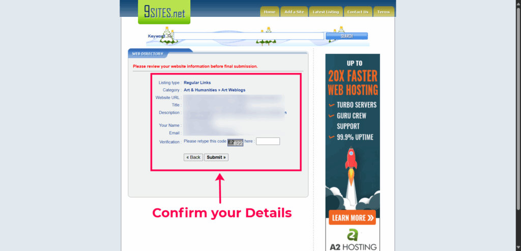 Step 3: confirm your details on 9Sites.net to gain free DR 36 backlink, AI Keyword Research, Backlink Directory, Auto‑publish Blog Article, Steal Competitor Keywords, Longtail Keyword Research, Guest Post Finder, Abun, Abun AI SEO, Seo tool, Free high quality backlinks, Ai content writer, AI SEO tool, ai blog writer, Startup submissions, Startup launch directories, seo content writing, Seo content creation, seo article writing, backlink building, How to Get High-Quality Backlinks for Free