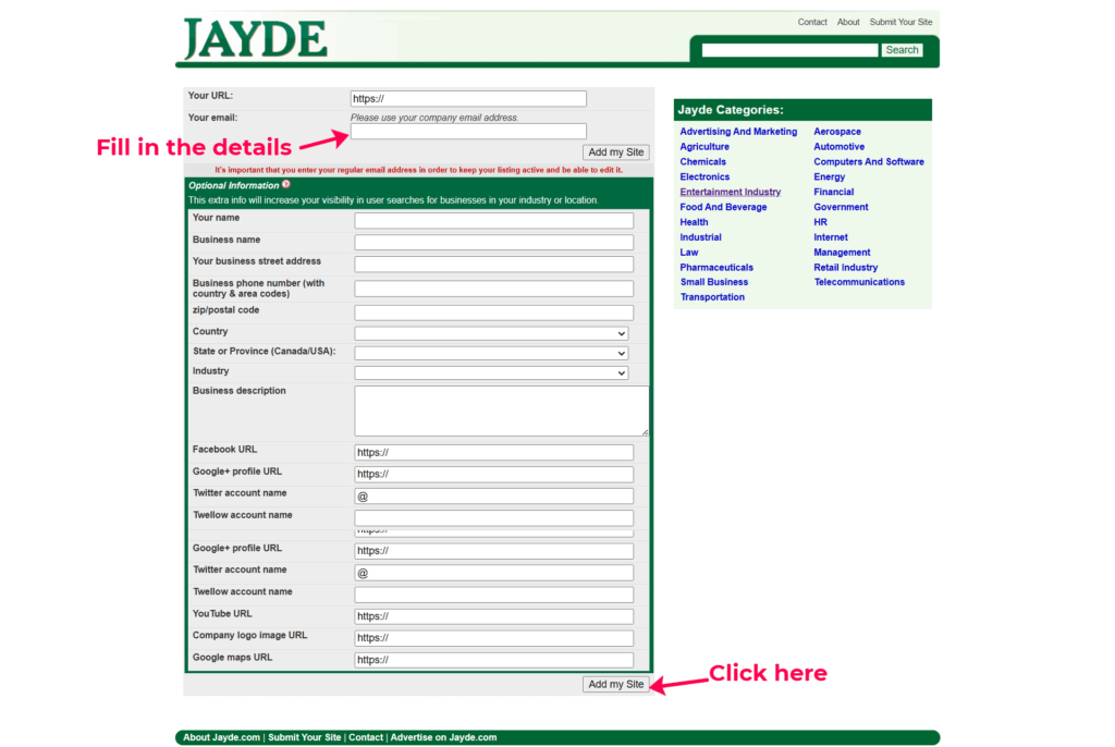 Step 2: fill in the details on jayde.com to gain free DR 59 backlink, AI Keyword Research, Backlink Directory, Auto‑publish Blog Article, Steal Competitor Keywords, Longtail Keyword Research, Guest Post Finder, Abun, Abun AI SEO, Seo tool, Free high quality backlinks, Ai content writer, AI SEO tool, ai blog writer, Startup submissions, Startup launch directories, seo content writing, Seo content creation, seo article writing, backlink building, How to Get High-Quality Backlinks for Free