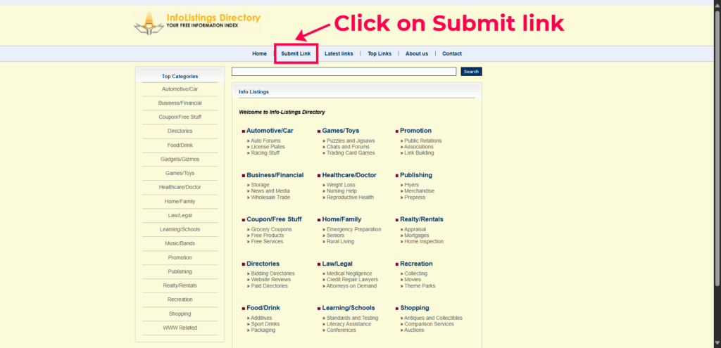 Step 1 : visit the website and click on "submit link" on info-listing.com listing page to gain free DR 34 backlink, AI Keyword Research, Backlink Directory, Auto‑publish Blog Article, Steal Competitor Keywords, Longtail Keyword Research, Guest Post Finder, Abun, Abun AI SEO, Seo tool, Free high quality backlinks, Ai content writer, AI SEO tool, ai blog writer, Startup submissions, submit your startup, Startup launch directories, seo content writing, Seo content creation, seo article writing, backlink building, How to Get High-Quality Backlinks for Free